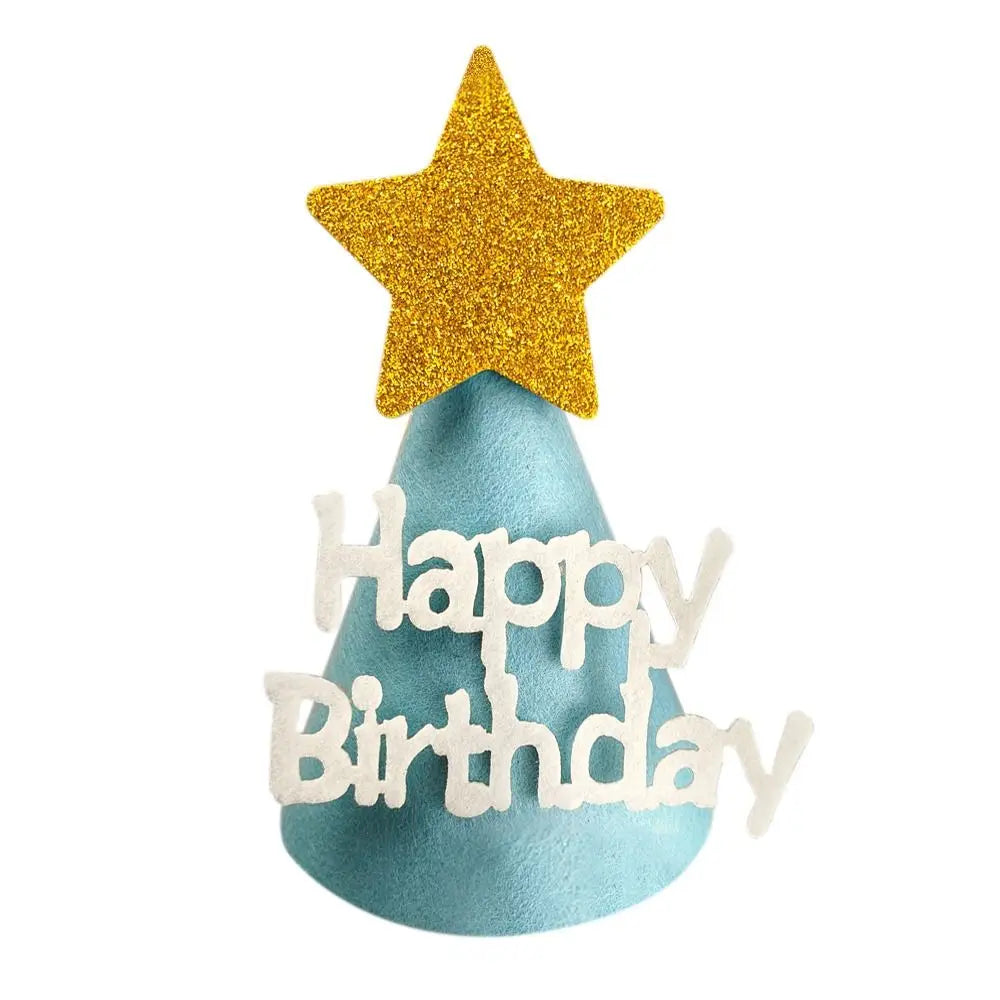 chapeau festif happy birthday étoiles dorées rubans pompons sourires