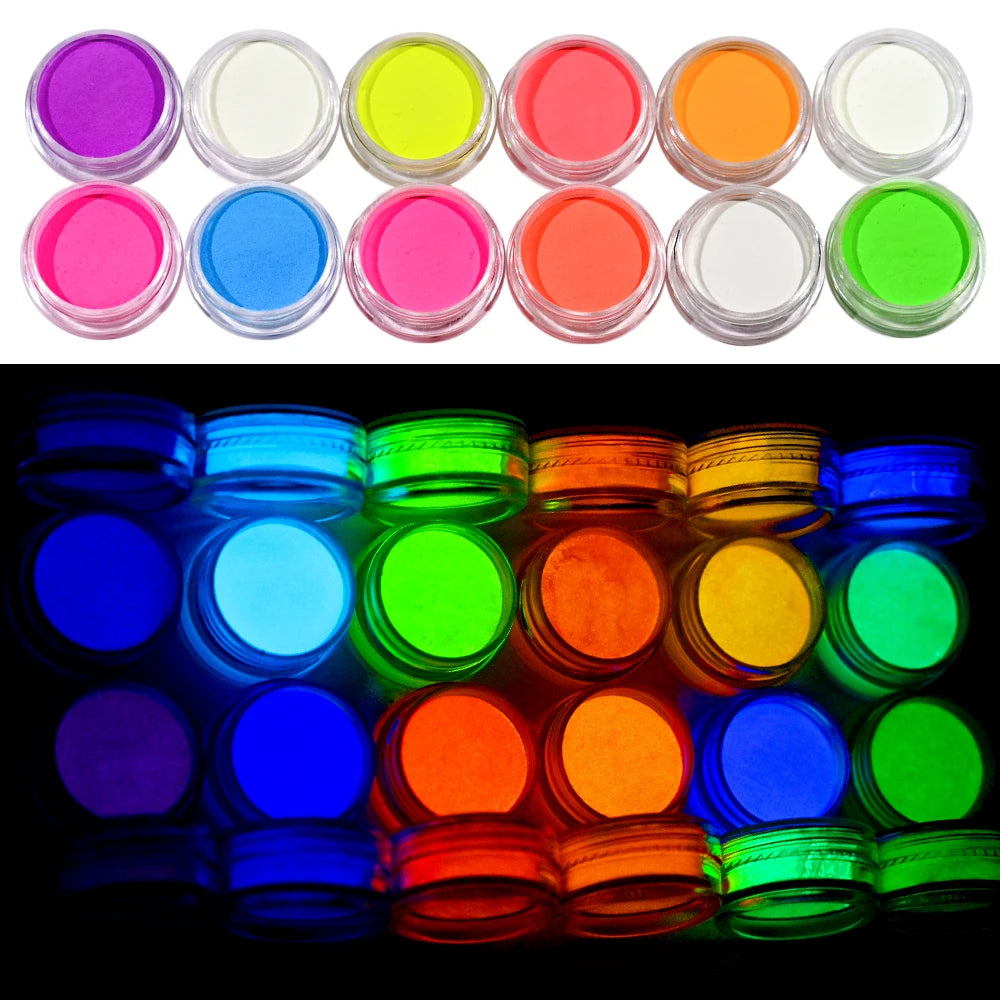 poudre fluorescente glow nuit 12 couleurs vert bleu orange rose moderne nail art vernis