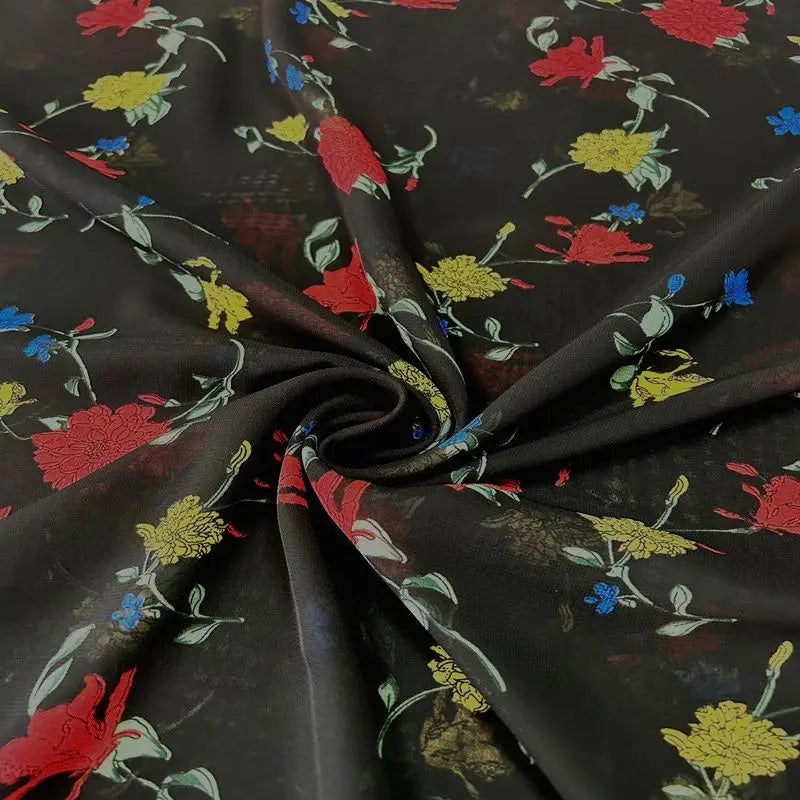 tissu imprimé fleurs colorées noir polyeste occasionnels bricolage opaque 150cm large femmes écharpe robe