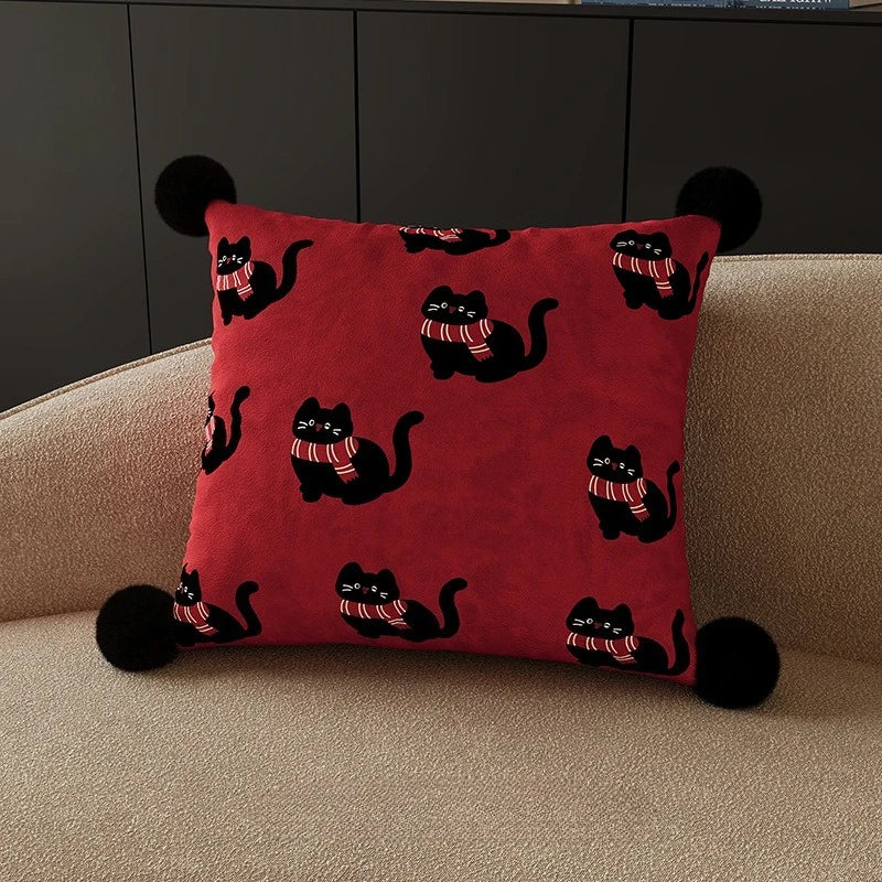 coussin housse chat noir foulard imprimé polyster rectangle décoration cartoon