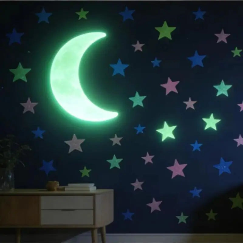 stickers muraux lumineux étoiles lune vert bleu rose jaune modernes réutilisables chambre fenêtre fête