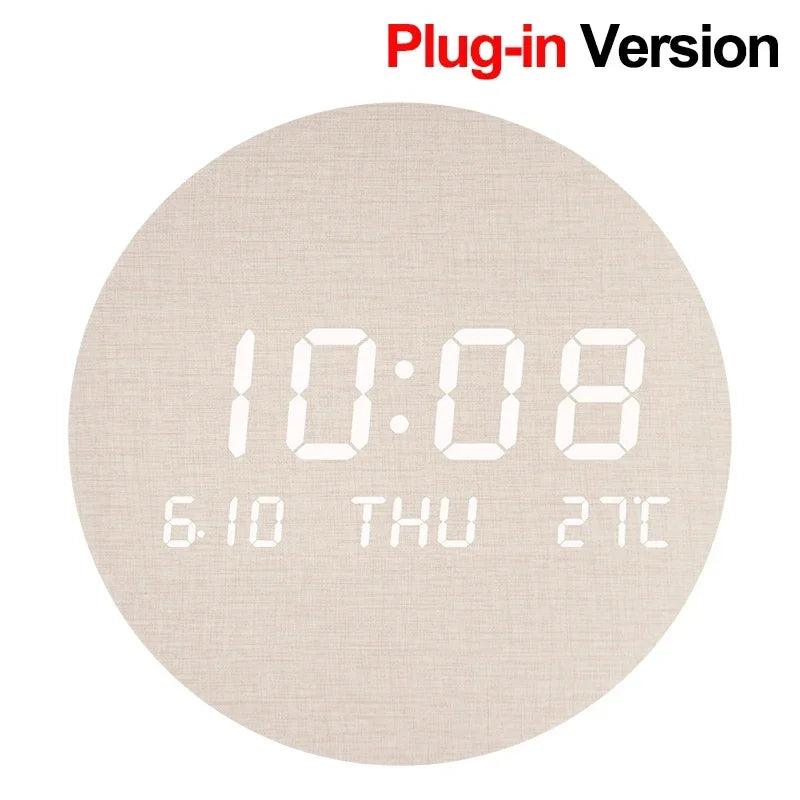 horloge murale LED digitale beige bois moderne coton lin sans fixation rechargeable salon
