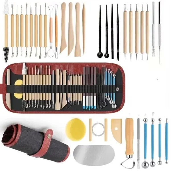 ensemble pinceaux outils céramique sculpture poignées bois métal pointes plastique transparent ergonomiques