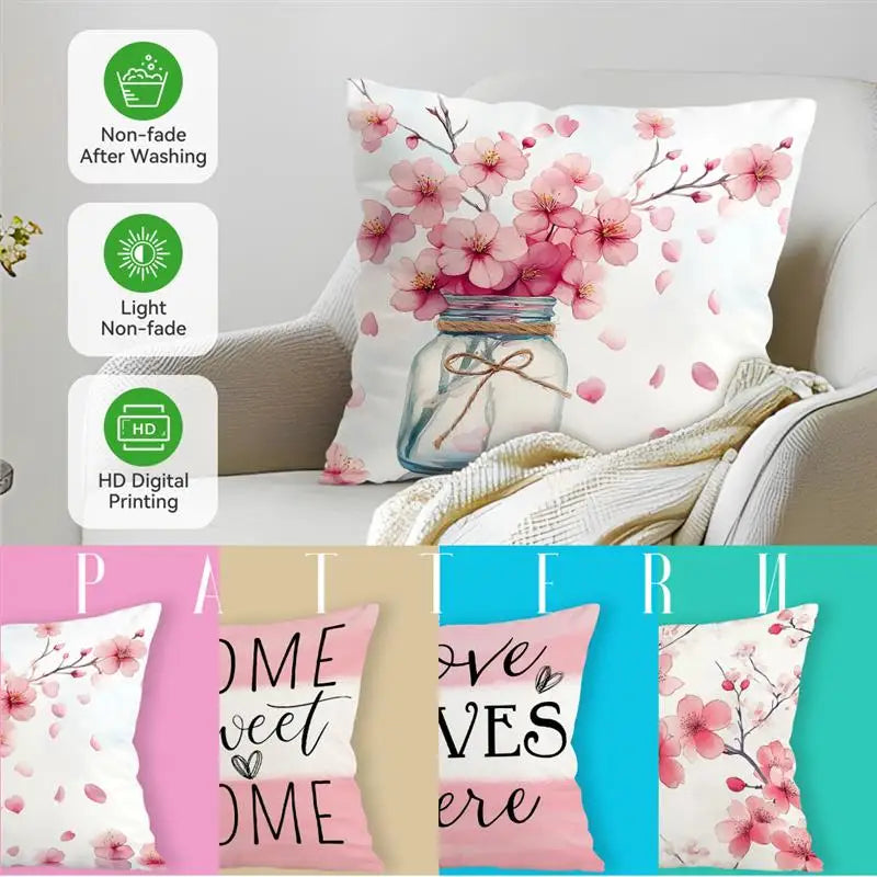 housse coussin polyester imprimé fleurs rose branches moderne blanc chambre lit set 4pcs