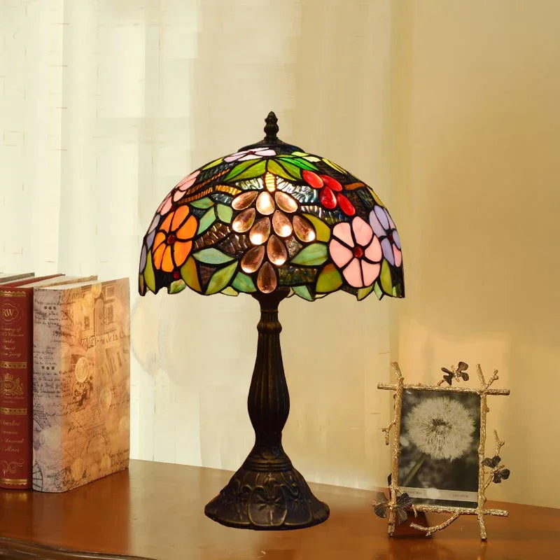 lampe table tiffany floral multicolore vintage interrupteur bouton verre translucide