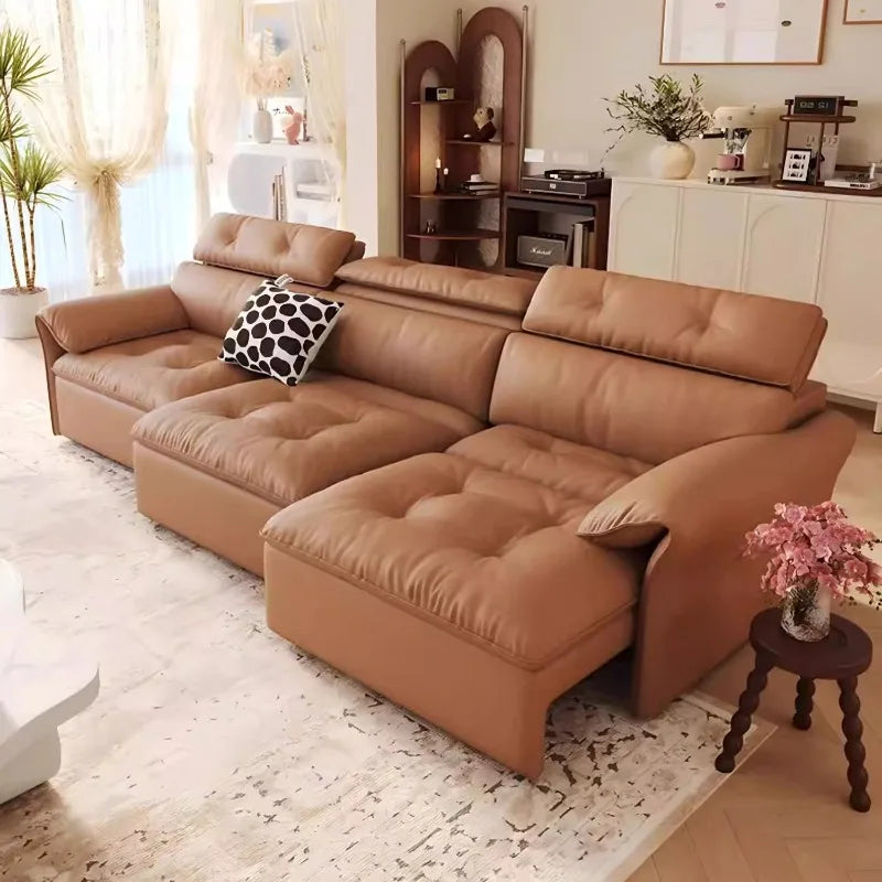 canapé d'angle simili cuir marron clair moderne 255cm longueur inclinable coussin décoratif