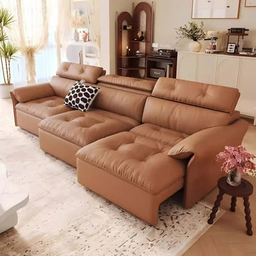 canapé d'angle simili cuir marron clair moderne 255cm longueur inclinable coussin décoratif