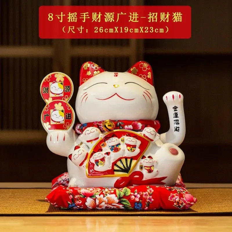 statue chat porte bonheur fleurs chinoises blanc rouge or artisanal décoration