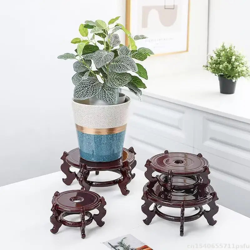 support plante bois naturel sculpté main marron foncé classique orné deco étagère cuisine serre