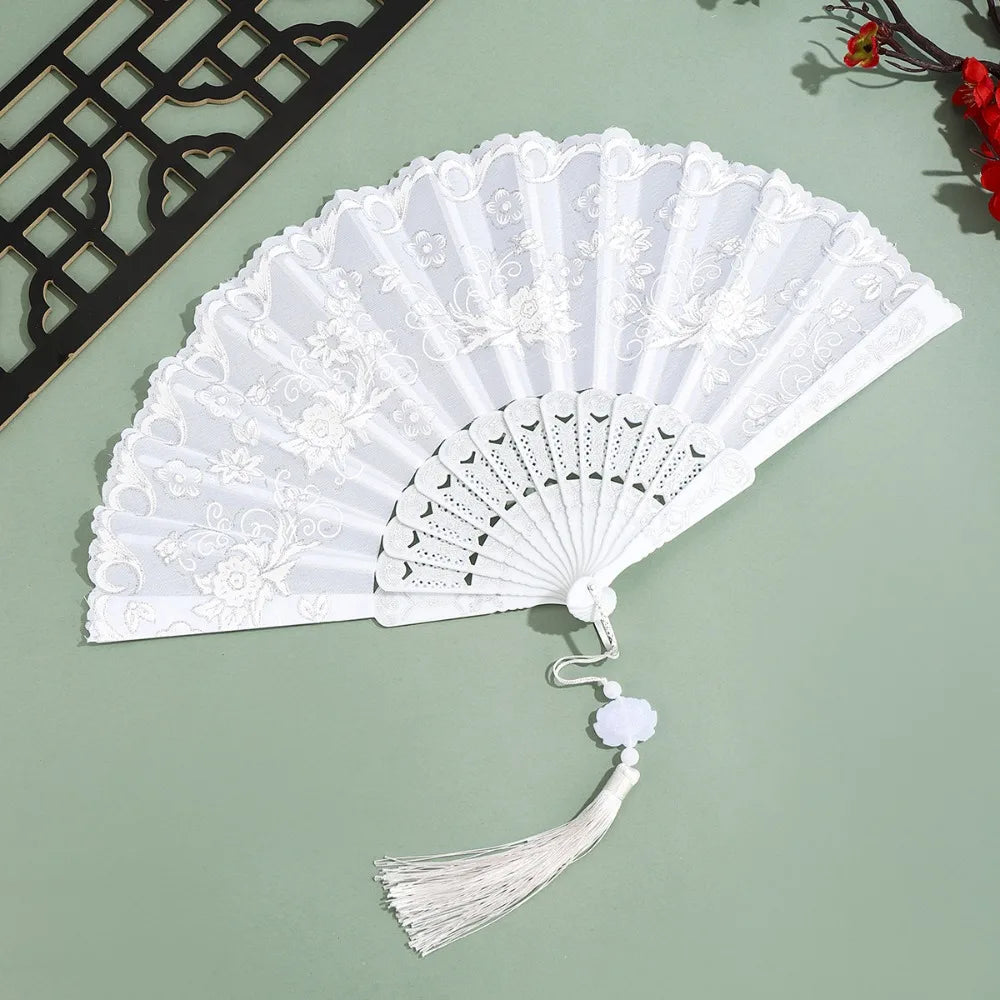 éventail traditionnel rouge noir fleurs blanches clips pompon danse mariage pliant décoratif