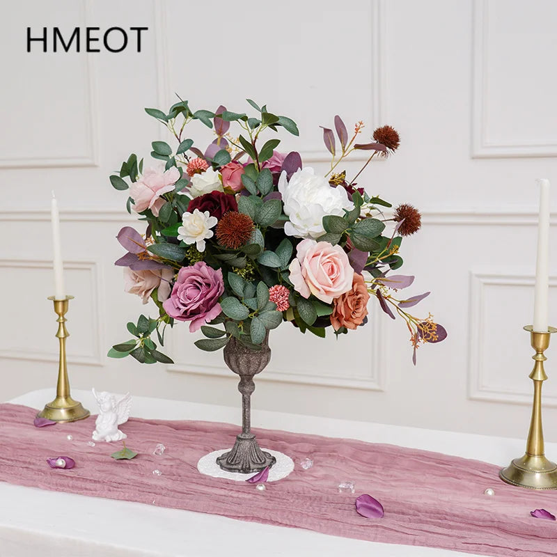 bouquet fleurs artificiel rose blanc vert vase métallique vieilli classique événement maison decoration
