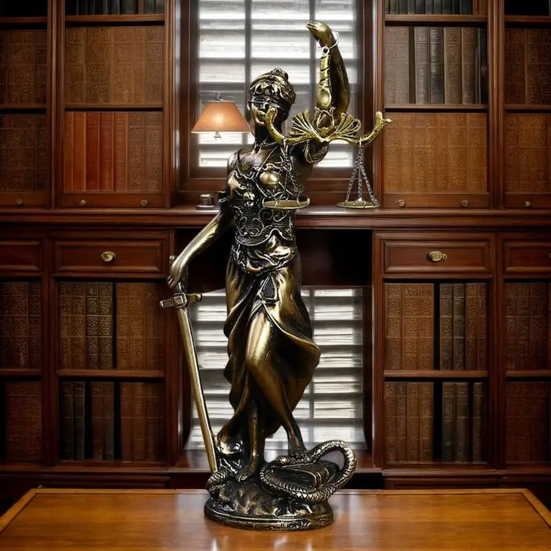 statue dorée déesse justice époque classique résine détails sculpturaux balance épée serpent décoration maison