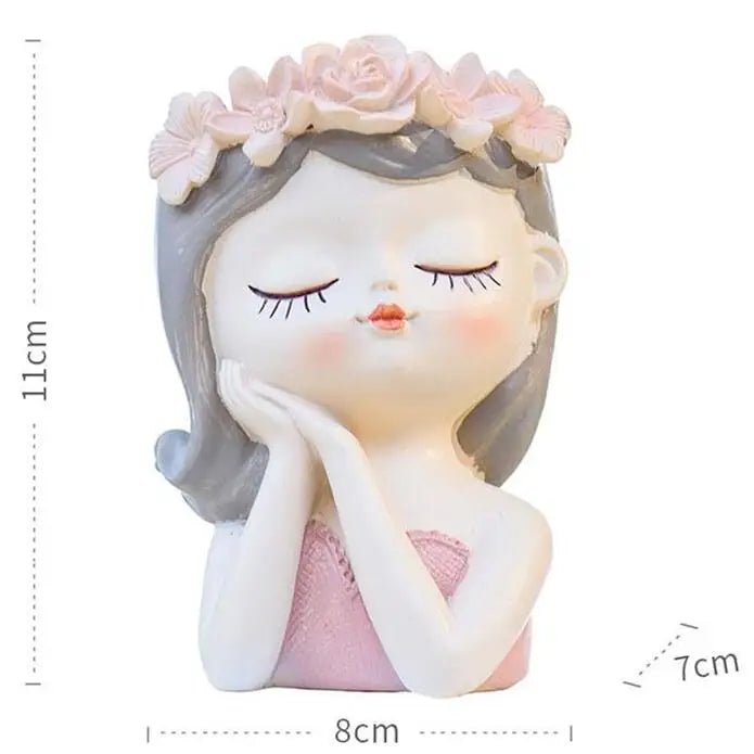 figurines décoratives cartoon fleurs reliefs cheveux stylisés plante succulente verte rose beige