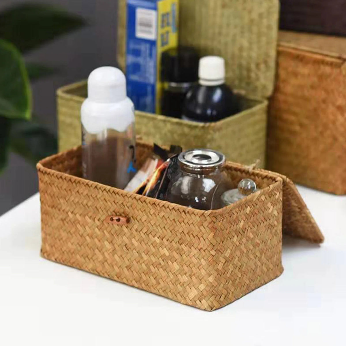 panier rangement bois tressé couvercle vêtements bohème rustique décor maison