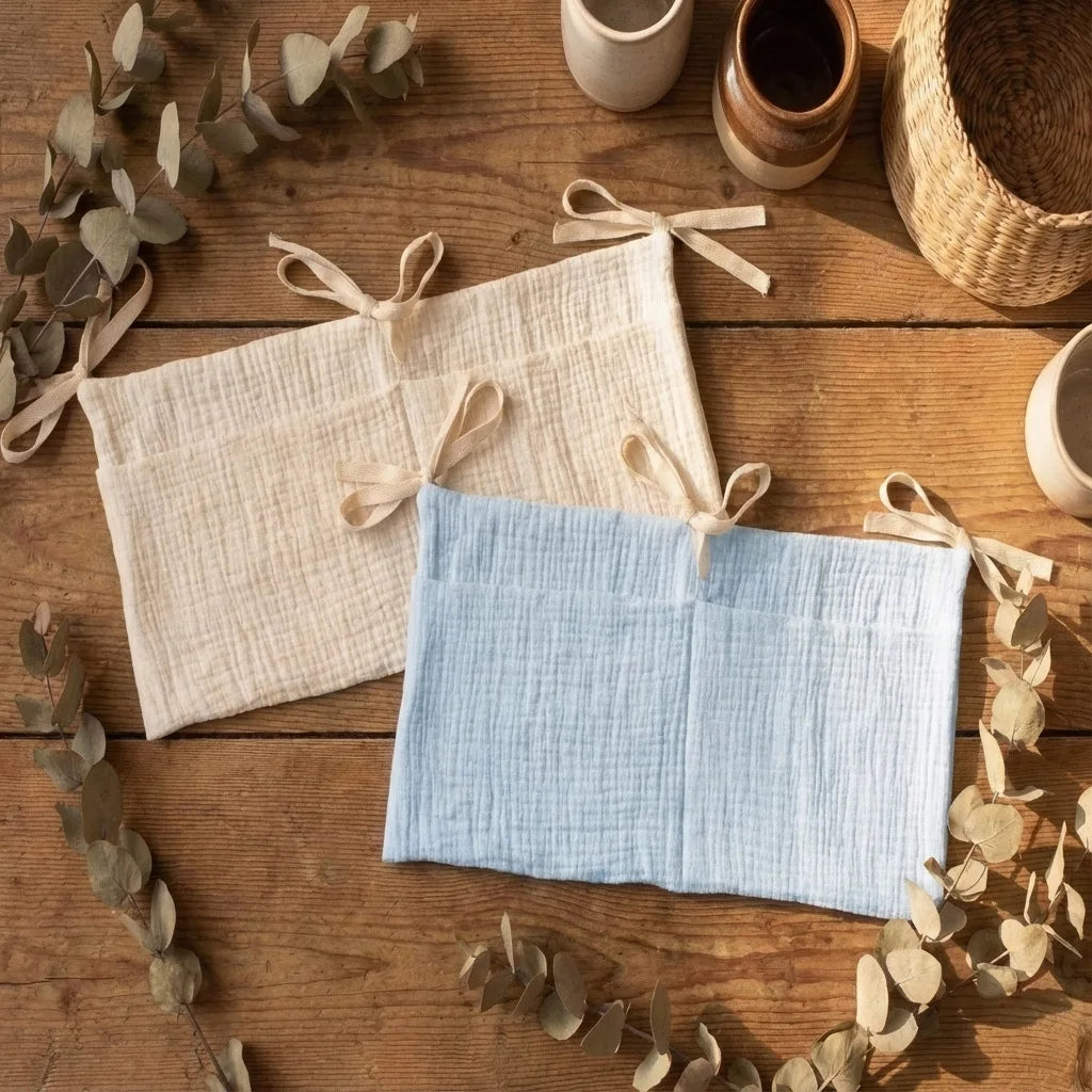 sac rangement lit bébé coton beige bleu rose simple rubans sécurité