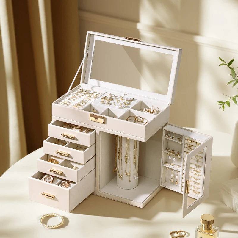 boîte bijoux simili cuir blanc moderne poignées dorées velours intérieur portable 360 degrés rotation