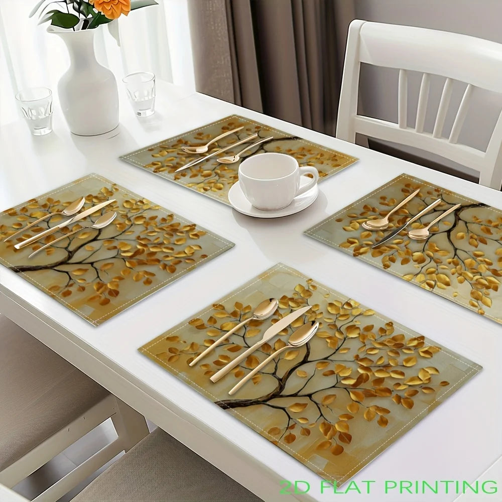 serviettes table moderne arbre feuilles dorées beige noir lin table manger