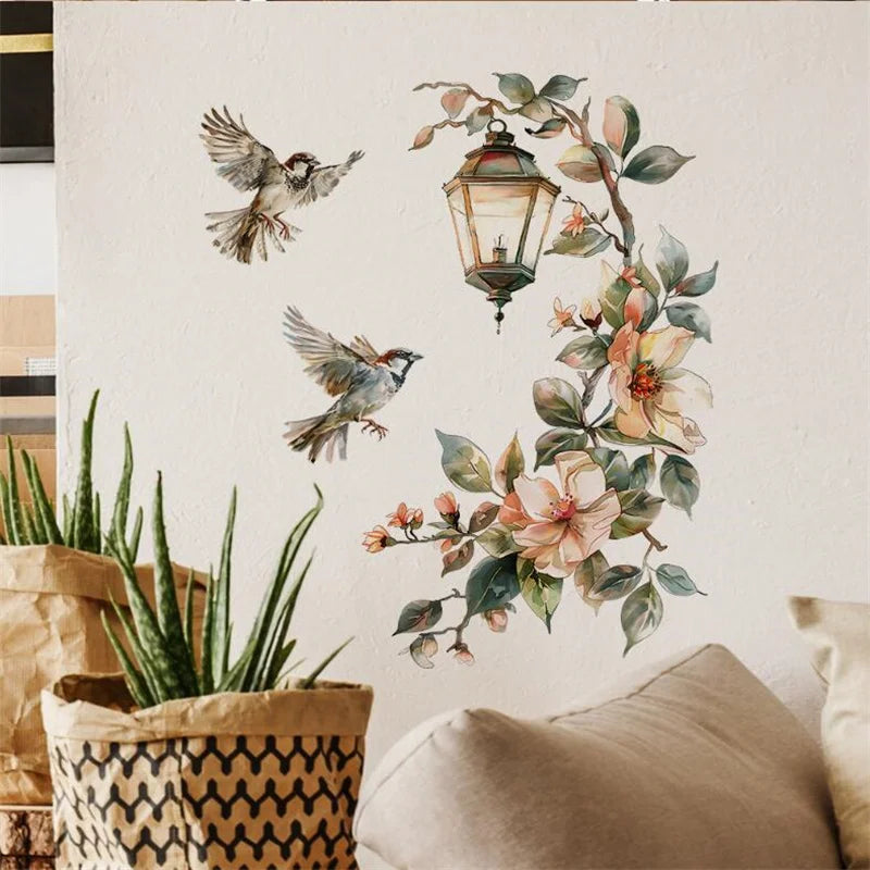 stickers muraux décoratifs oiseaux fleurs magnolias lanterne ancienne aquarelle vintage bohème adhésifs chambre salon