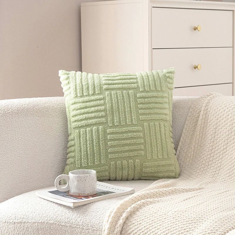 coussins moelleux rayures horizontales gris blanc moderne confortable zip vert clair polyester