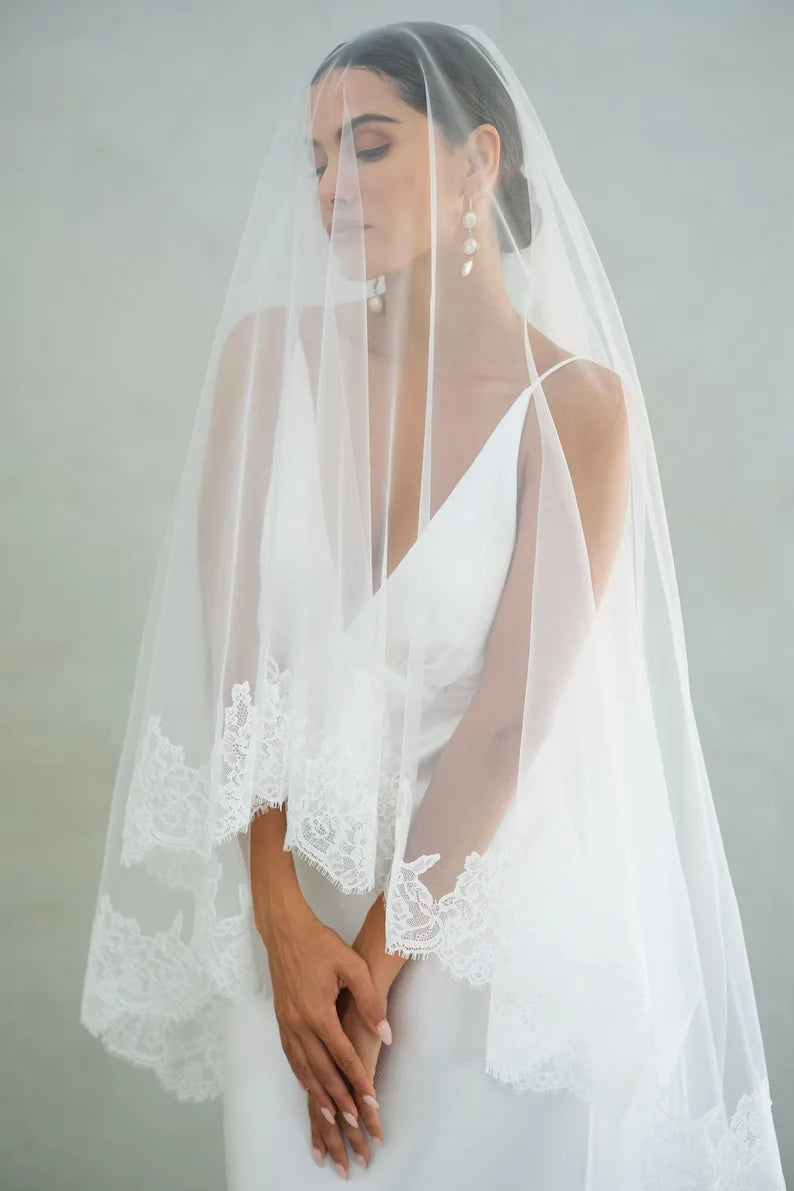 voile mariée deux niveaux dentelle polyester femme classique blanc translucide clips métalliques