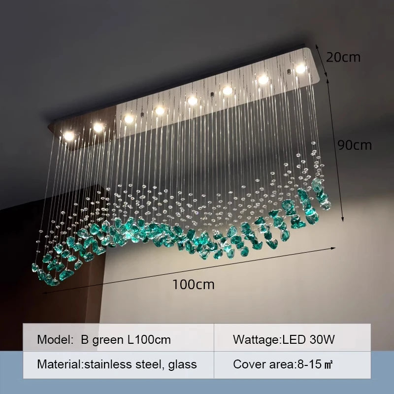 suspension lumineuse moderne gouttes cristal transparent verte ambrée 100cm 120cm 150cm