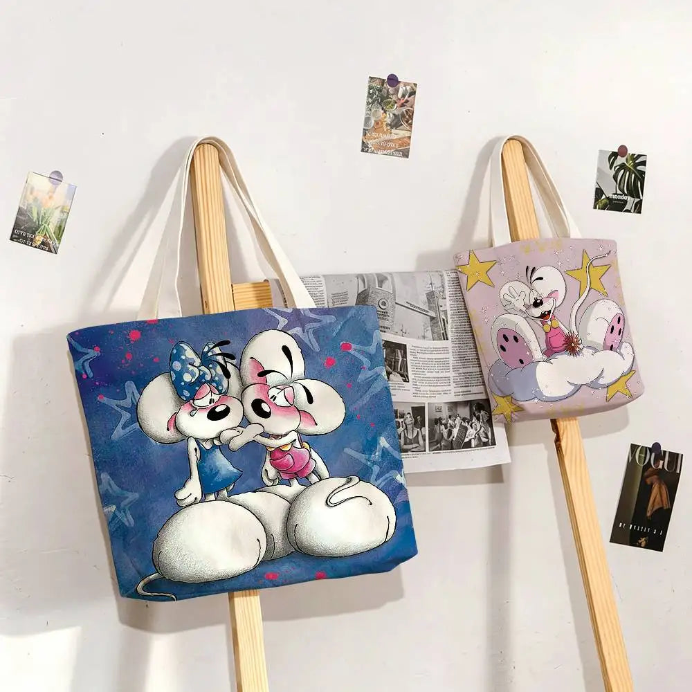 sac shopping réutilisable toile polyestère motif personnages animés bleu rose vert orange bandoulière moderne