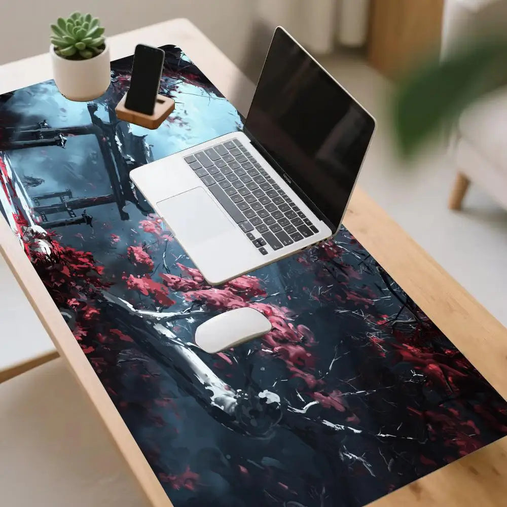 tapis souris gaming paysage oriental arbres fleuris bleu noir rouge