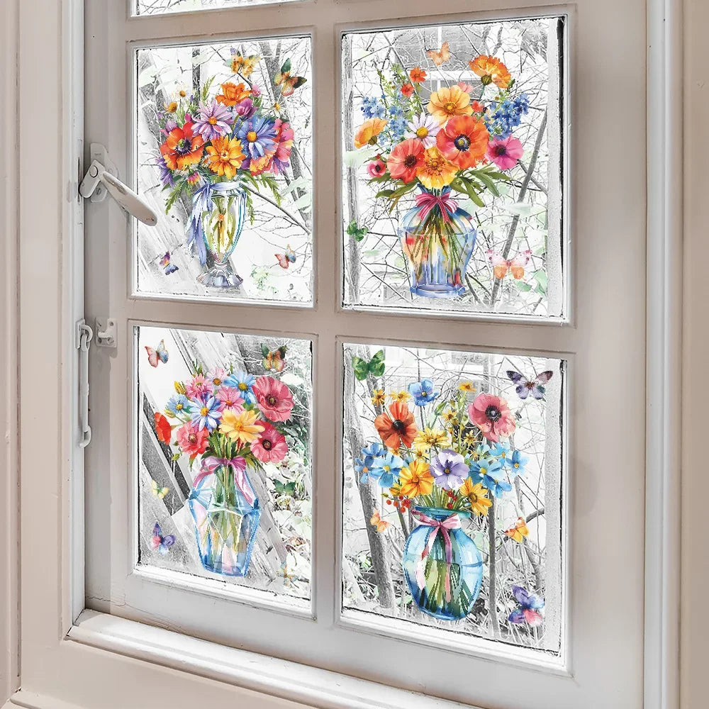 stickers décoratifs fenêtre fleurs vases papillons aquarelle couleurs vives dimension 29cm 23cm pack pièces