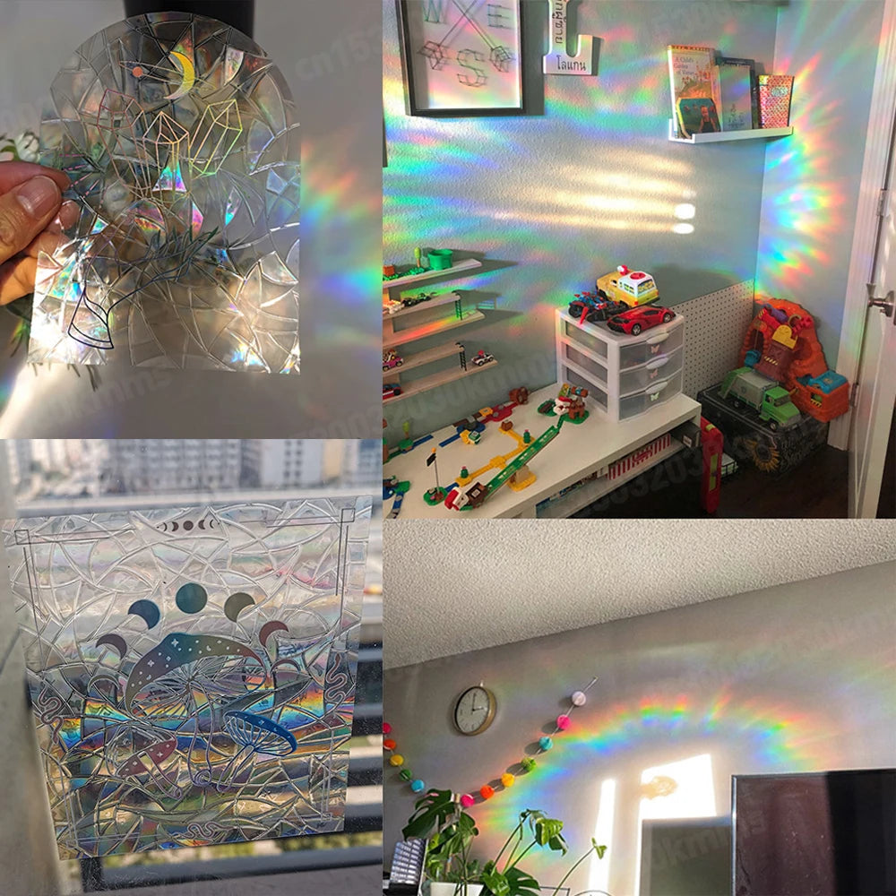 Autocollant fenêtre prisme arc-en-ciel PVC appliqué sur une vitre avec effets lumineux