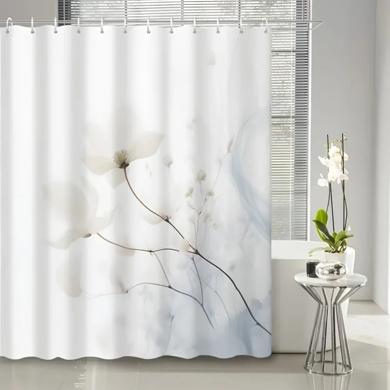 rideau douche moderne fleurs blanches polyester blanc gris clair minimaliste crochets métalliques translucent salle