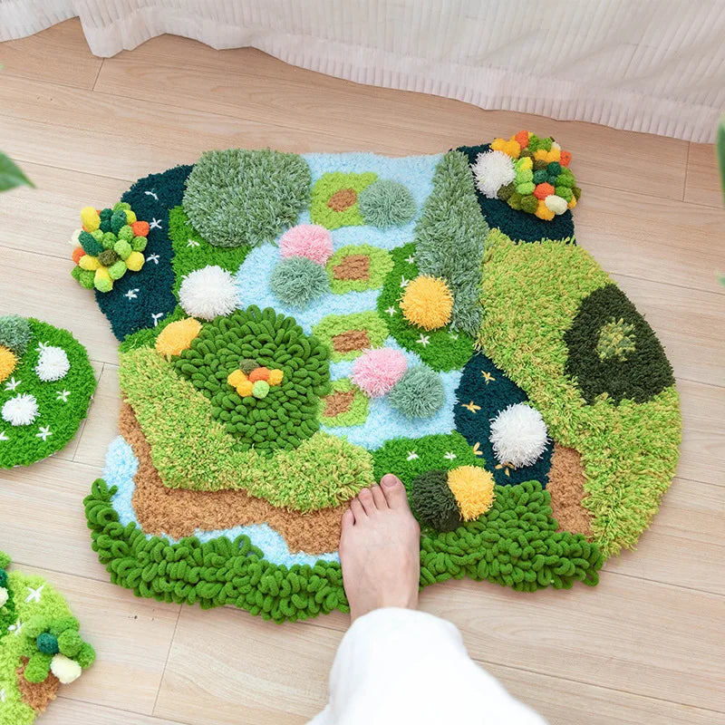 tapis décoratif tapisserie artisanale motif floral couleurs vives créatif tapis mousse boules laine