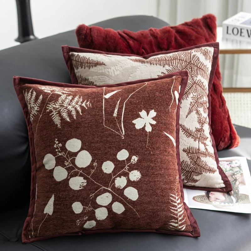 coussin housse carré moderne motif végétal feuilles fleurs adhésif polyester 45x45cm 30x50cm decoration intérieur