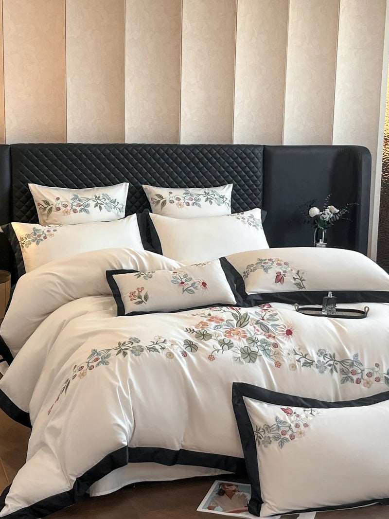 ensemble literie quatre pièces coton broderie florale classique beige housse couette drap taies