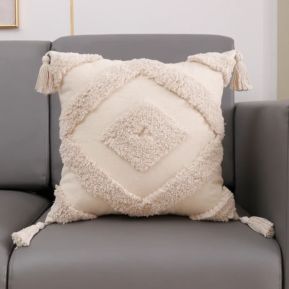 coussin carré géométrique blanc boho chic franges opaques décoration maison voiture