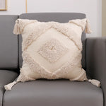 coussin carré géométrique blanc boho chic franges opaques décoration maison voiture