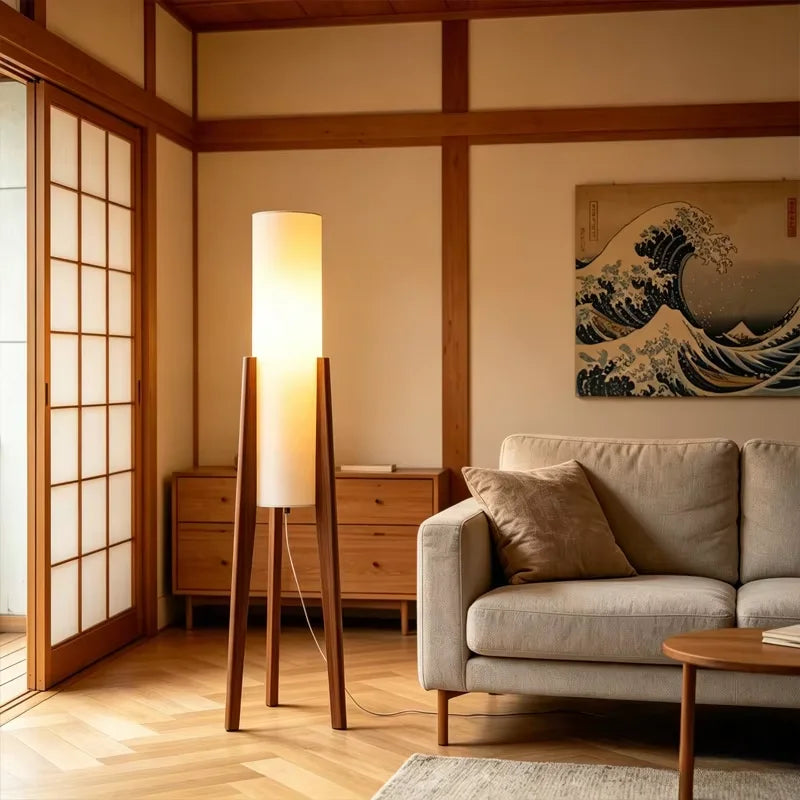 lampe sol moderne toile lin blanc bois foncé LED éclairage intérieur haut bas