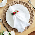 serviettes table carrées franges bleu marine rose clair gris blanc vert pastel moderne rustique
