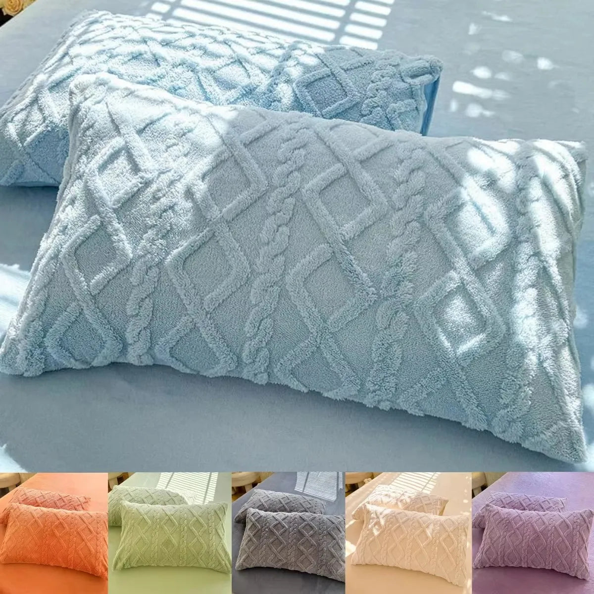 coussins décoratifs rectangulaires velours polyester géométrique losanges entrelacés bleu clair jaune gris rose vert