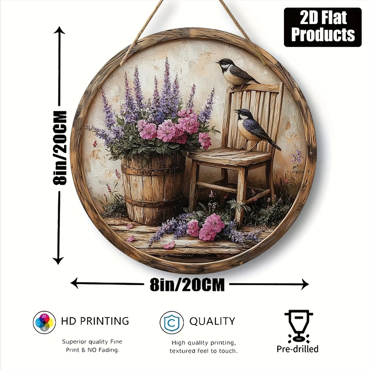 tableau circulaire bois oiseaux fleurs paysage naturel beige marron violet rose noir blanc réaliste