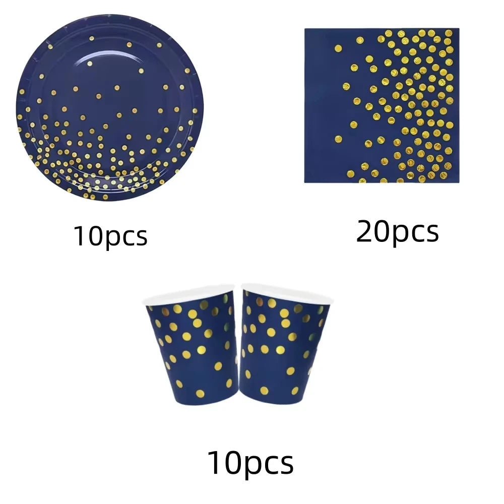vaisselle jetable moderne assiettes bleu marine fourchette cuillère nappe dorée points festif