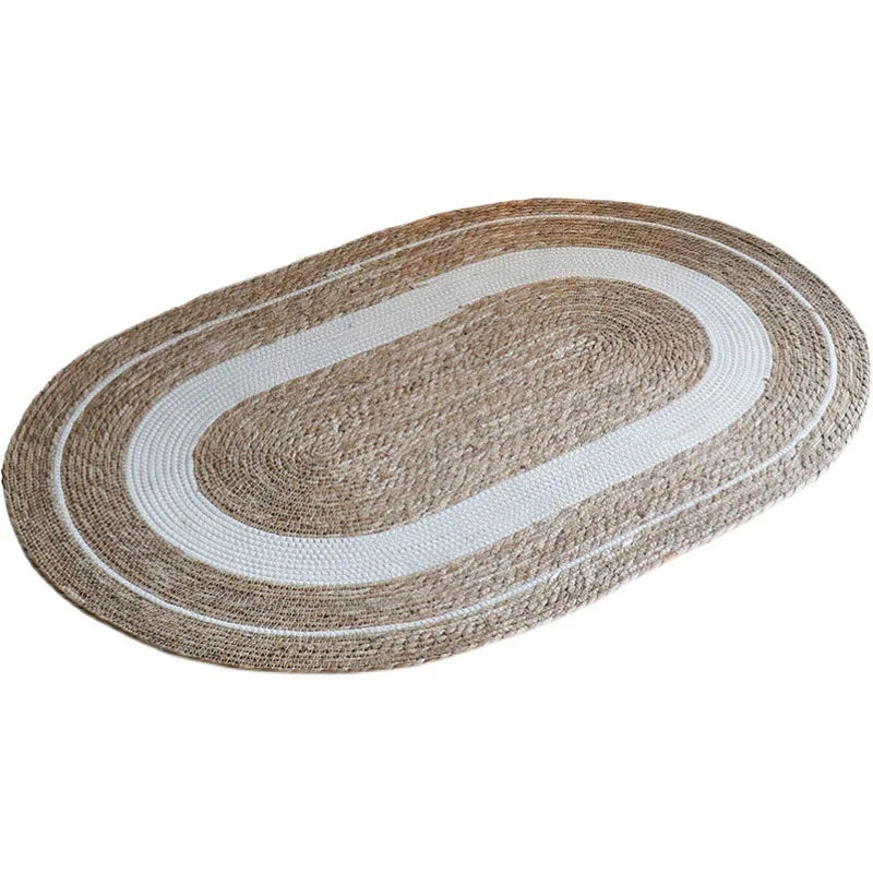 tapis ovale jute rayures blanches naturel rustique salon chambre