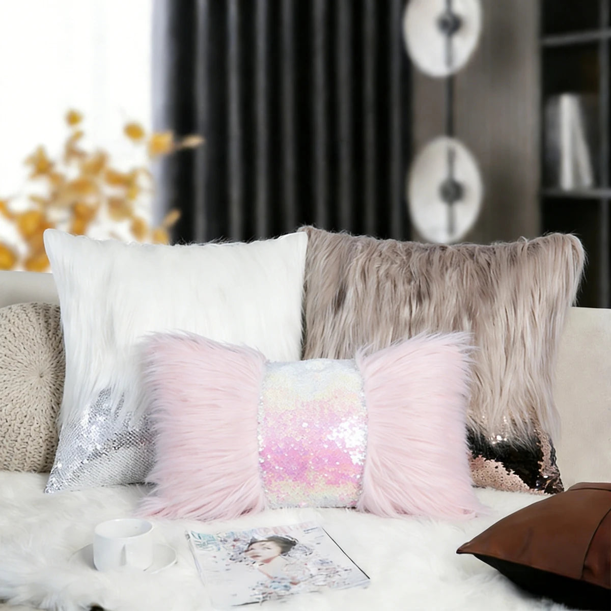 housse coussin sequins blanche moderne adhésive 40x40cm lit canapé voiture