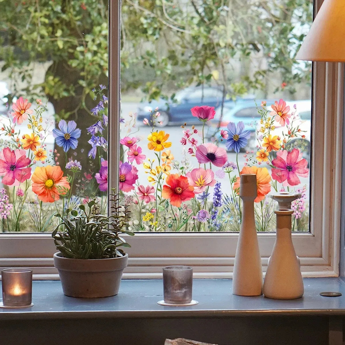 autocollant fenêtre fleurs multicolores vibrant couleurs réaliste balcon décoration pvc résidu free removable