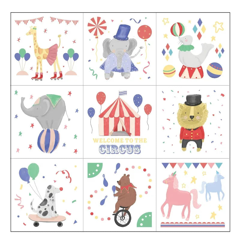 autocollants temporaires animaux cirque costumés ballons drapeaux bienvenue cirque fête enfant anniversaire multicolore