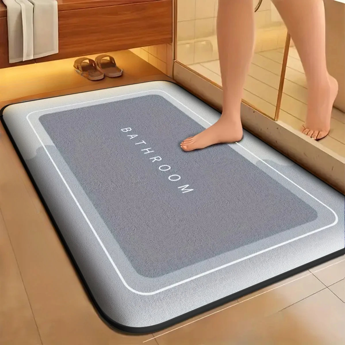 tapis bain polyester gris motif géométrique adhésif doux moderne rapide absorbant
