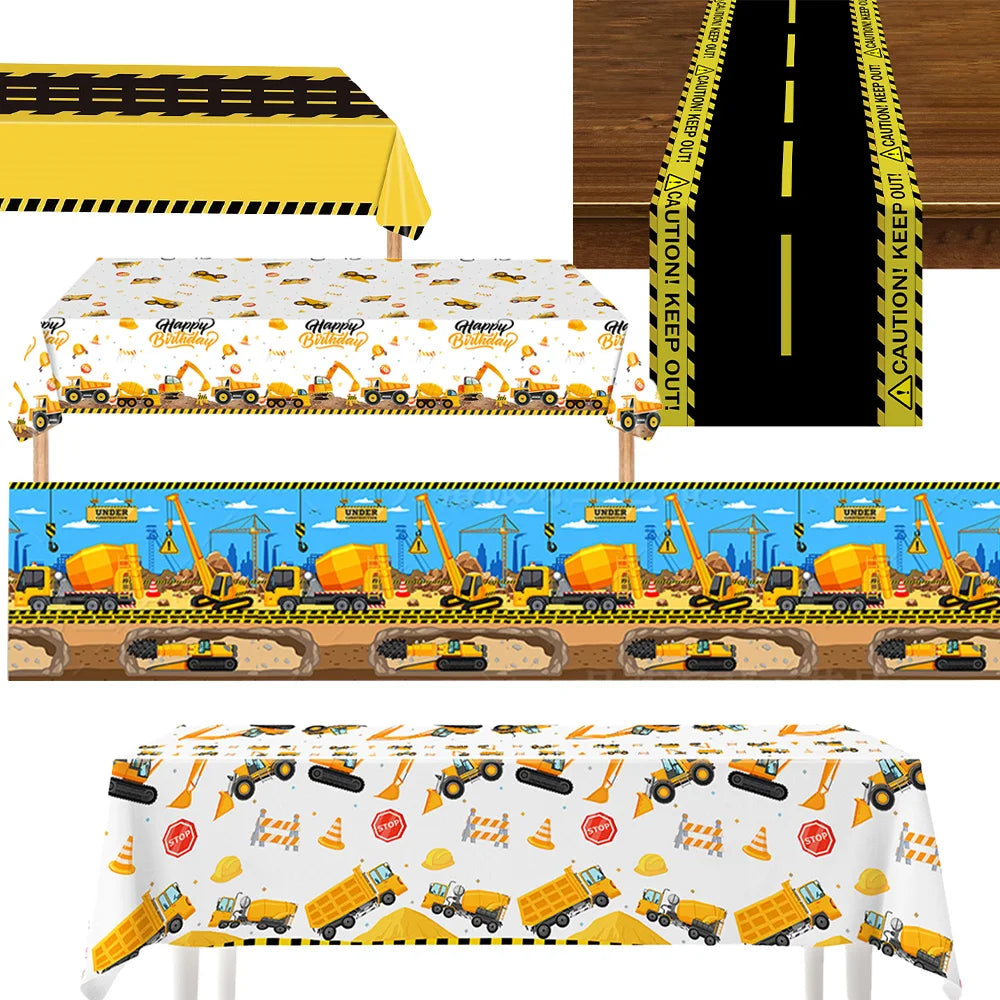 nappe fête enfant construction excavatrice happy birthday garçon anniversaire chantier engins construction cones signalisation