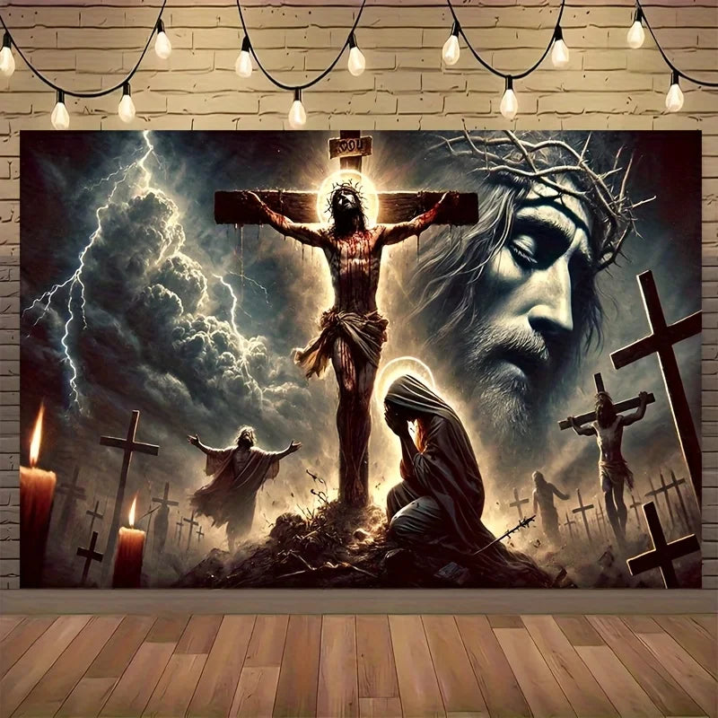 toile d'art crucifixion religieuse réaliste noir blanc gris vert bleu