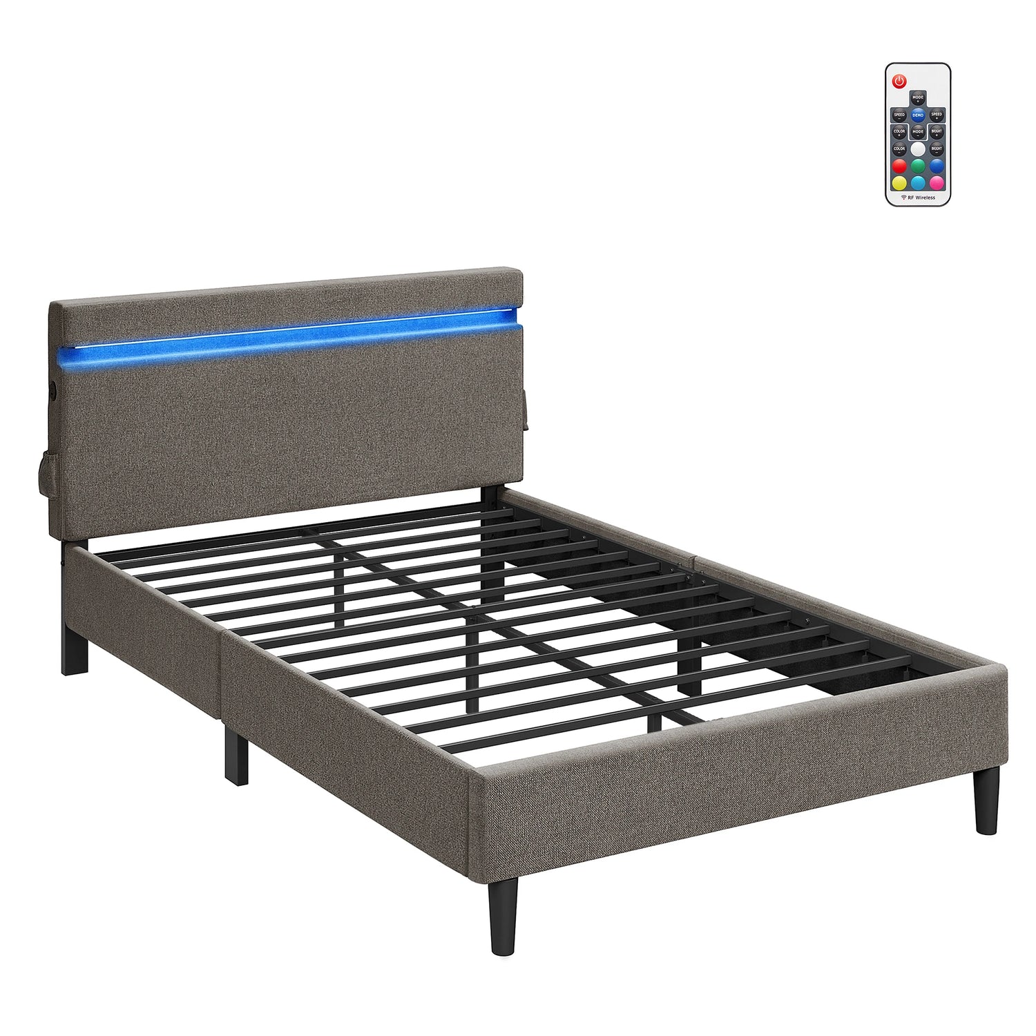 Détail de la tête de lit rembourrée avec éclairage LED multicolore