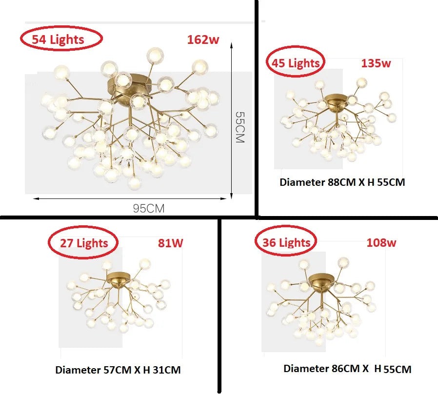 Suspension moderne or boules translucides 54 ampoules led grande taille chambre salon
