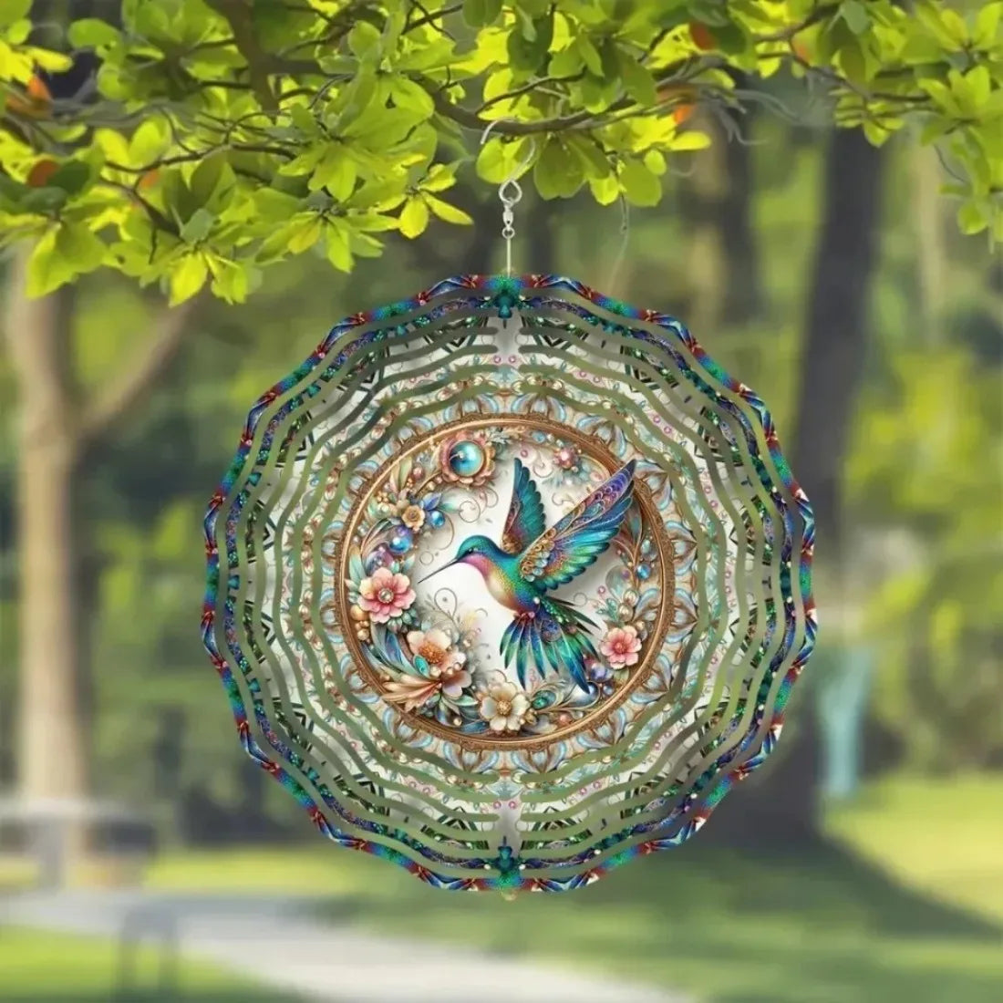 Décoration extérieure spinner métallique multicolore floral artisanal diamètre 25cm jardin balcon
